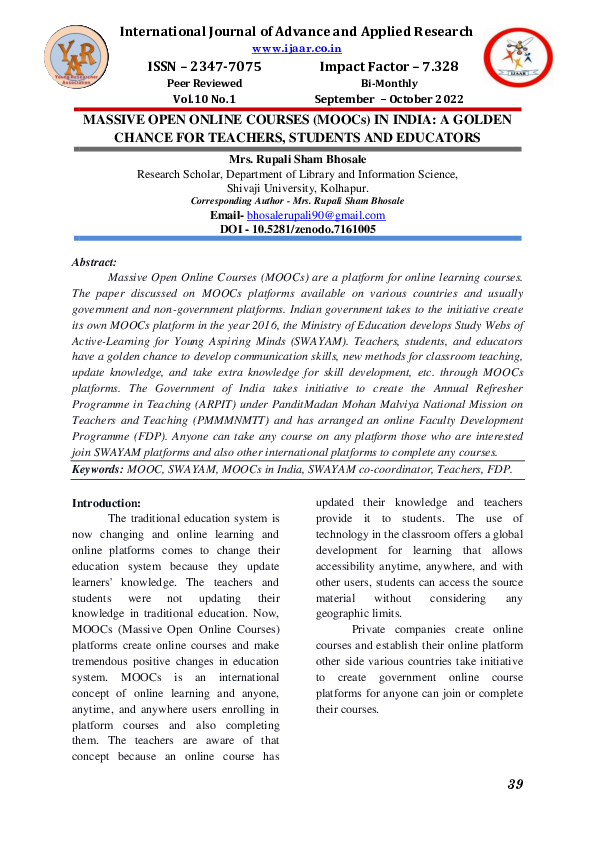 (PDF) Massive Open Online Courses (MOOCs) In India: A Golden Chance For ...