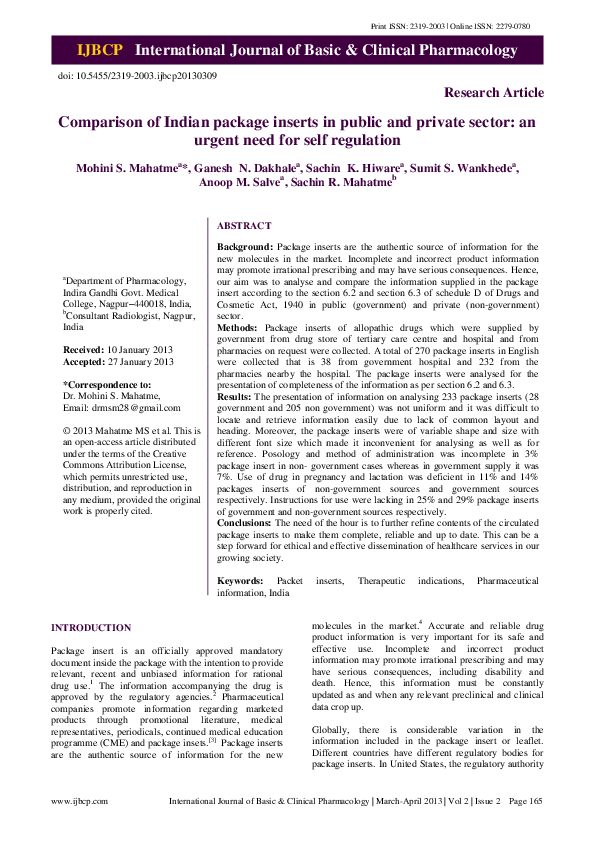 (PDF) Comparison of Indian package inserts in public and private sector ...
