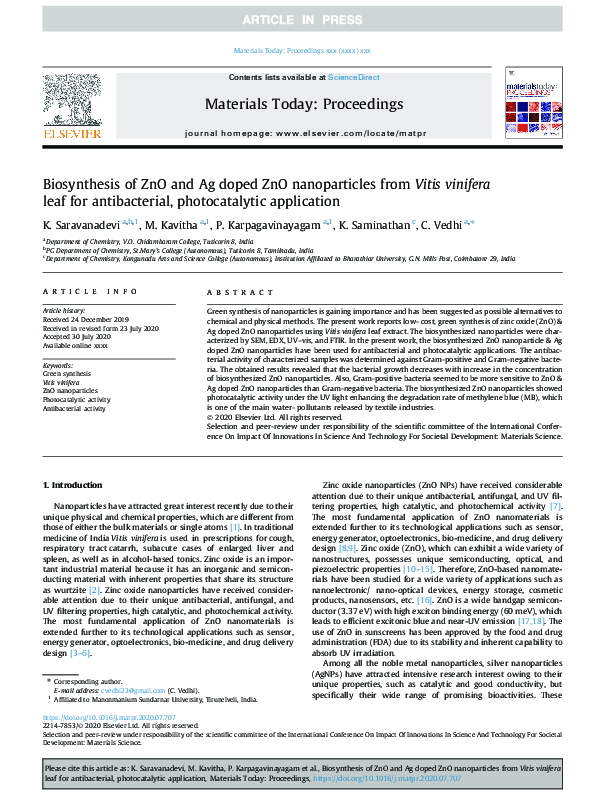 (PDF) Biosynthesis of ZnO and Ag doped ZnO nanoparticles from Vitis ...