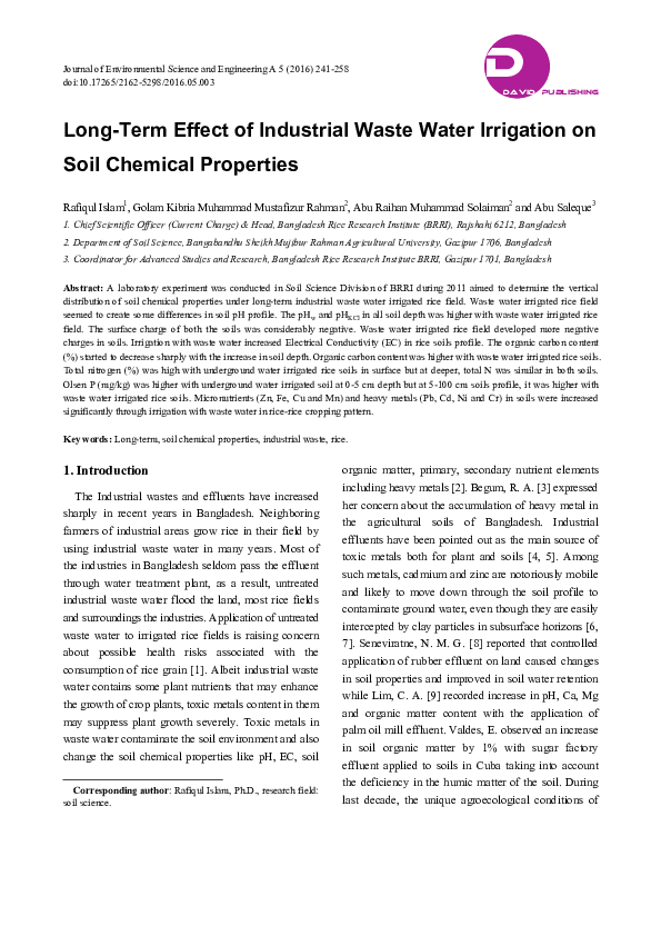 (PDF) Long-Term Effect of Industrial Waste Water Irrigation on Soil ...