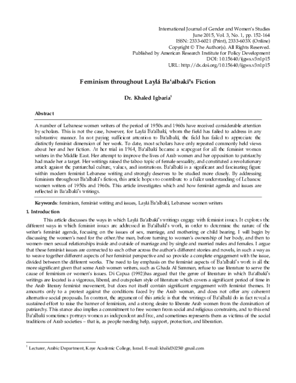 (PDF) Feminism throughout Laylá Ba‘albaki’s Fiction