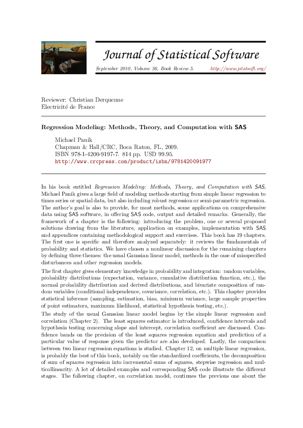 (PDF) Regression Modeling: Methods, Theory, and Computation withSAS