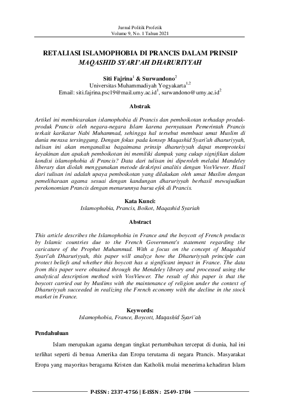(PDF) Retaliasi Islamophobia DI Prancis Dalam Prinsip Maqashid Syari’Ah ...