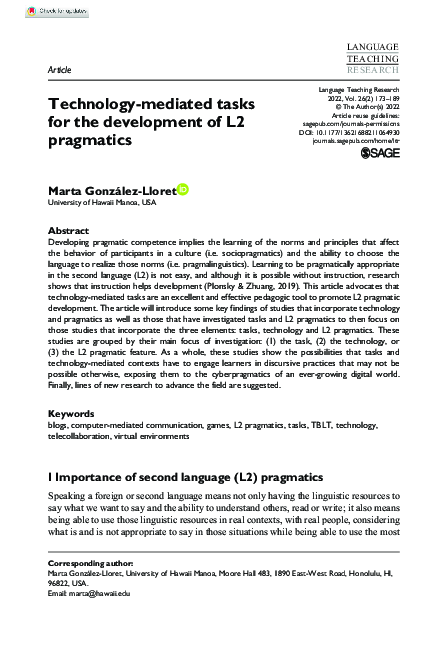 (PDF) Technology-mediated tasks for the development of L2 pragmatics