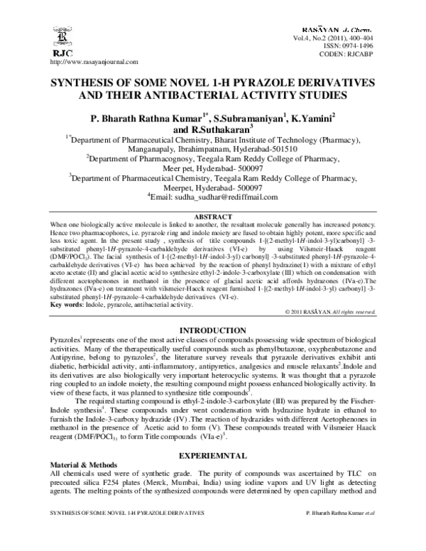 (PDF) Synthesis of Some Novel 1-H Pyrazole Derivatives and Their ...