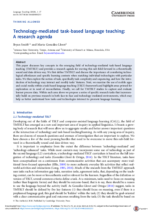 Pdf Technology Mediated Task Based Language Teaching A Research Agenda