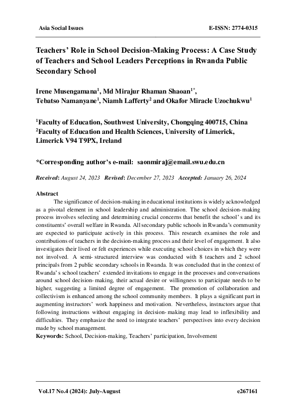 (PDF) Teachers' Role in School Decision-Making Process: A Case Study of ...
