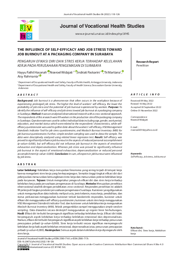 (PDF) THE INFLUENCE OF SELF-EFFICACY AND JOB STRESS TOWARD JOB BURNOUT ...