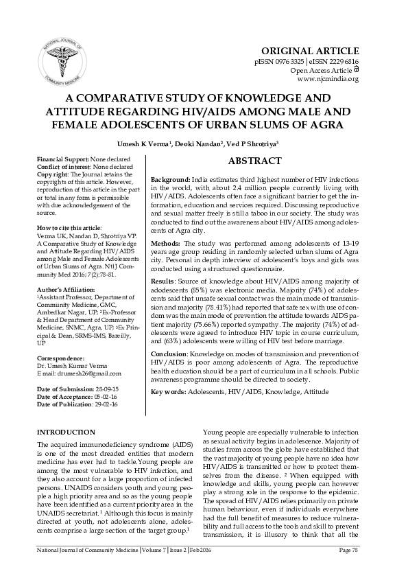 (PDF) A COMPARATIVE STUDY OF KNOWLEDGE AND ATTITUDE REGARDING HIV/AIDS ...