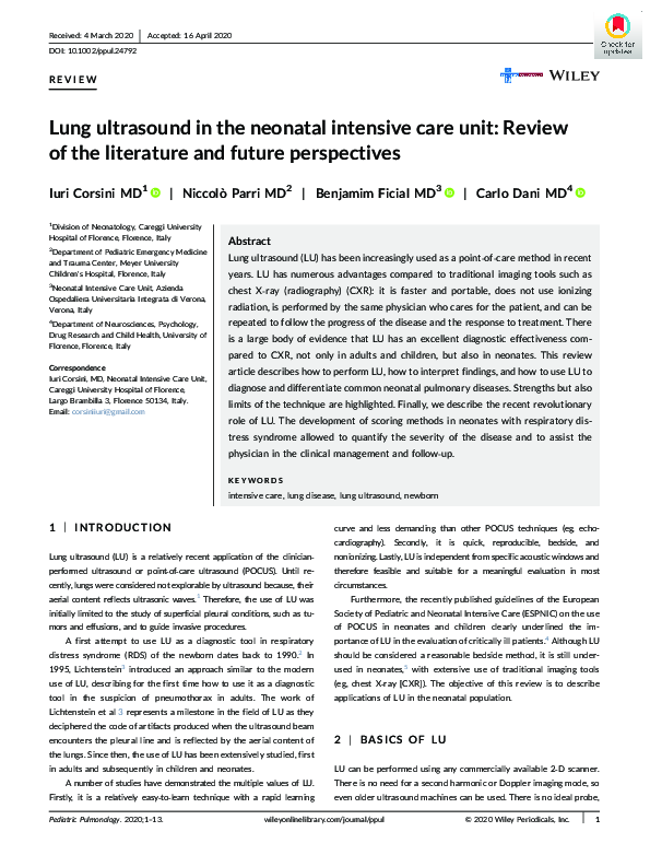 (PDF) Lung ultrasound in the neonatal intensive care unit: Review of ...