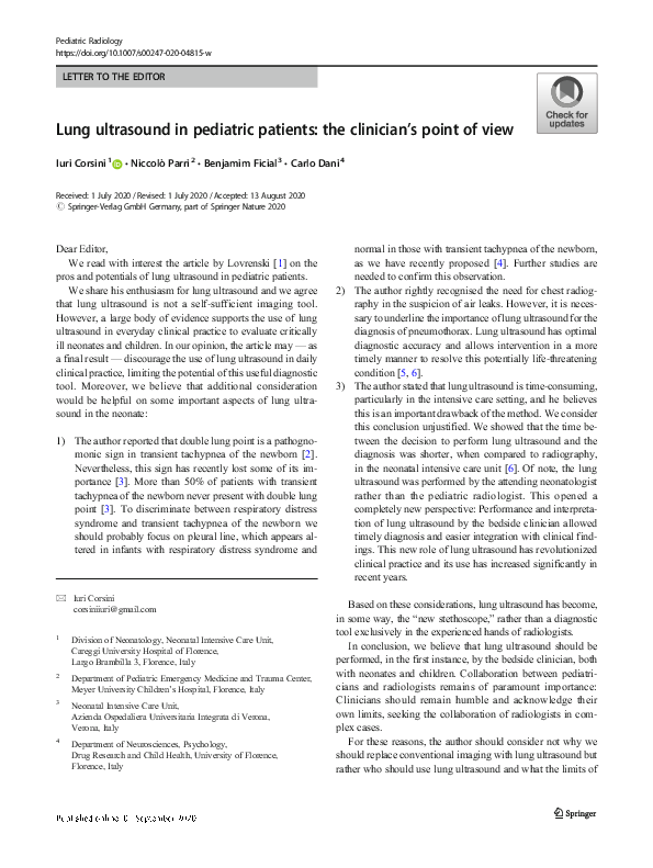 (PDF) Lung ultrasound in pediatric patients: the clinician’s point of view