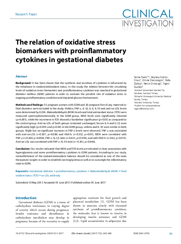 (PDF) The Relation Of Oxidative Stress Biomarkers With Proinflammatory ...