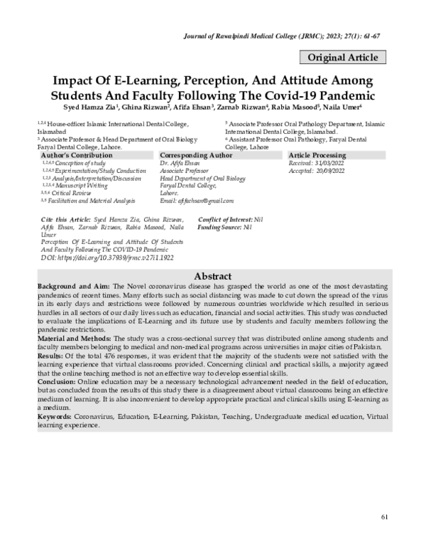 (PDF) Impact Of E-Learning, Perception, And Attitude Among Students And ...