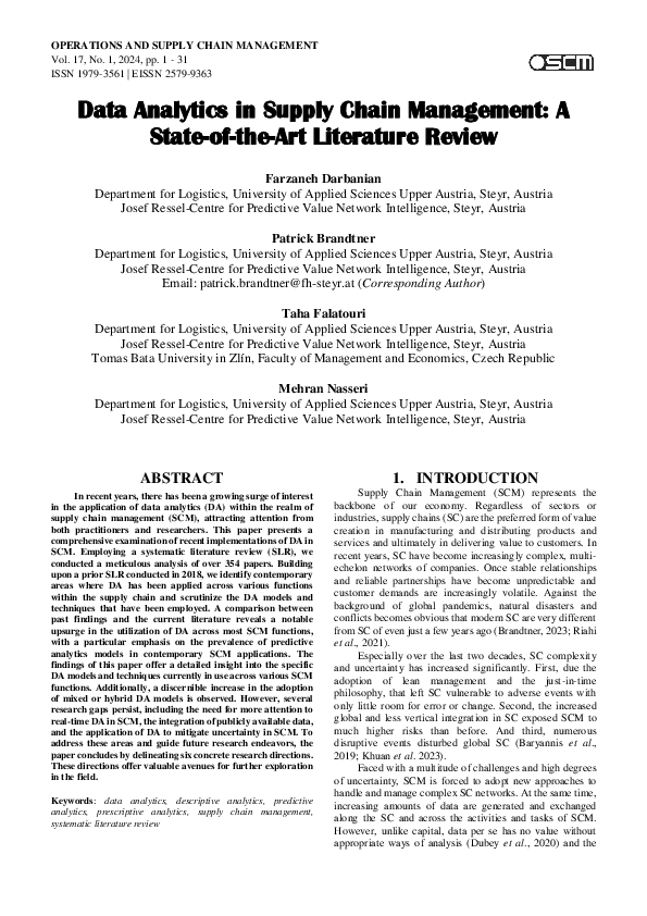 Data Analytics In Supply Chain Management A State Of The Art Literature Review