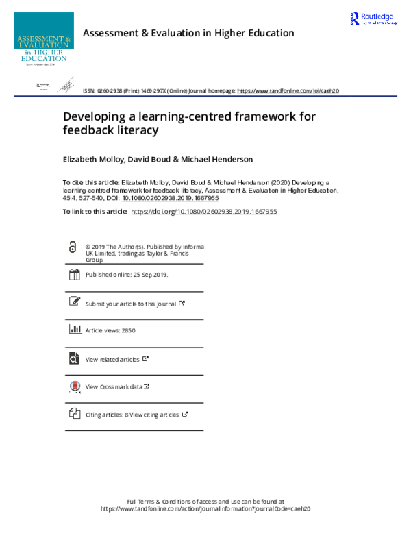 (PDF) Developing a learning-centred framework for feedback literacy