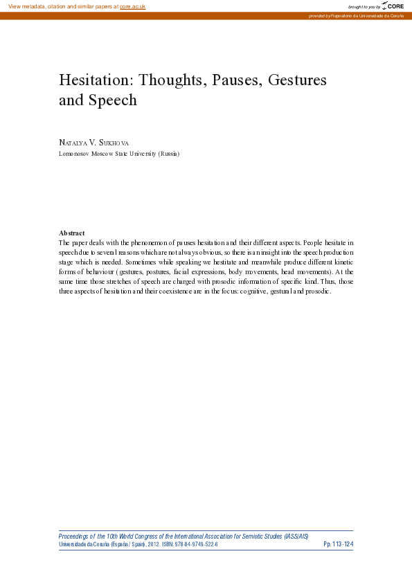 (PDF) Hesitation: Thooughts, Pauses, Gestures and Speech