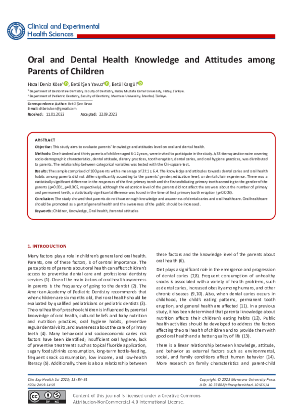 (PDF) Oral and Dental Health Knowledge and Attitudes among Parents of ...
