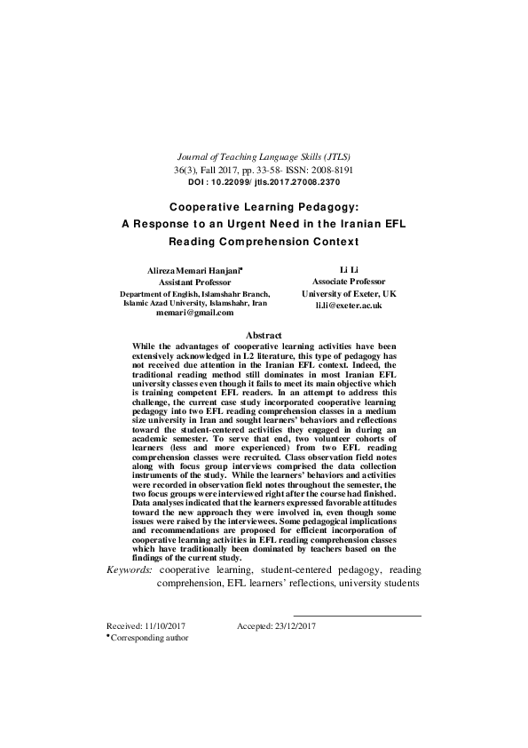 (PDF) The Effect of Cooperative Learning on Reading Comprehension of ...