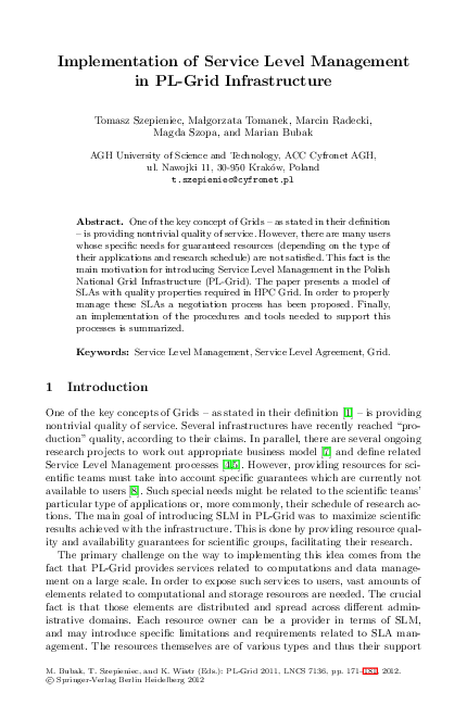 (PDF) Implementation of Service Level Management in PL-Grid Infrastructure