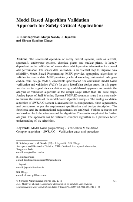 (PDF) Model Based Algorithm Validation Approach for Safety Critical ...