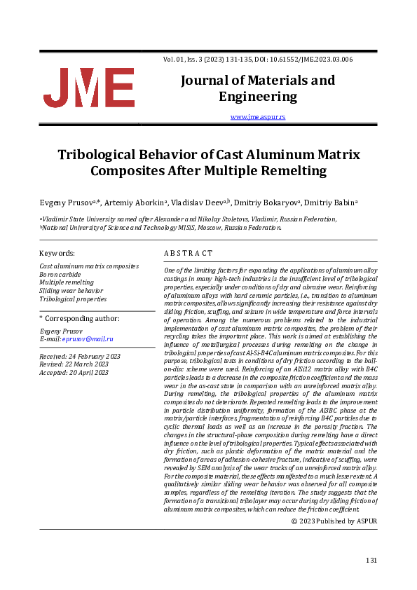 (PDF) Tribological Behavior of Cast Aluminum Matrix Composites After ...
