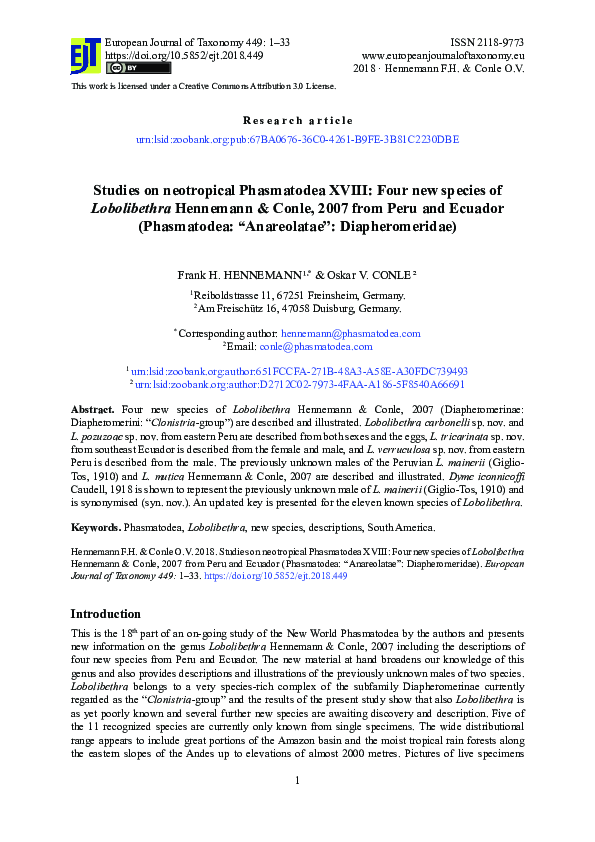 (PDF) Studies on neotropical Phasmatodea XVIII: Four new species of ...