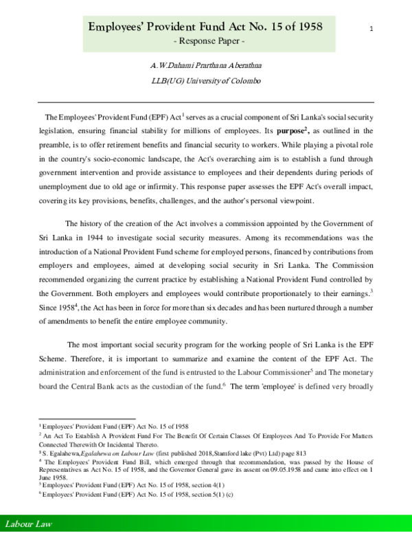 (PDF) Employees’ Provident Fund Act No. 15 of 1958 - Response Paper