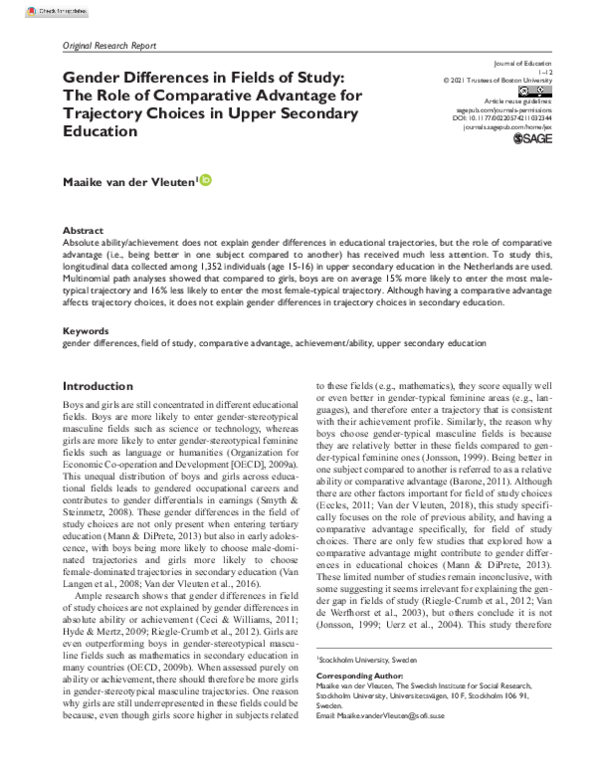 (PDF) Gender Differences in Fields of Study: The Role of Comparative ...