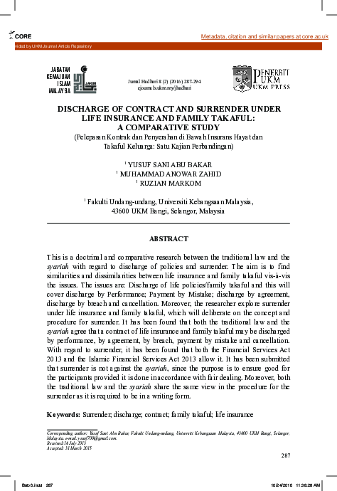 (PDF) DISCHARGE OF CONTRACT AND SURRENDER UNDER LIFE INSURANCE AND ...