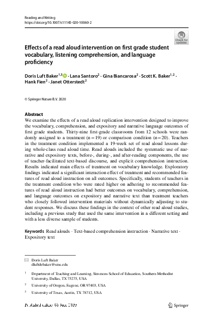 (PDF) Effects of a read aloud intervention on first grade student ...