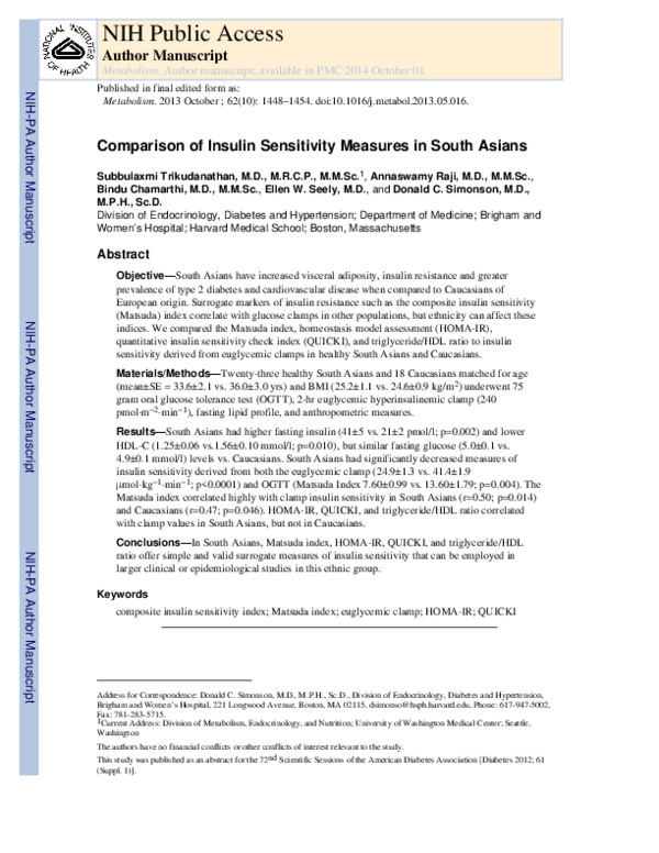 (PDF) Comparison of insulin sensitivity measures in South Asians