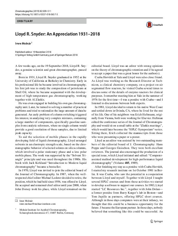 (PDF) Lloyd R. Snyder: An Appreciation 1931–2018