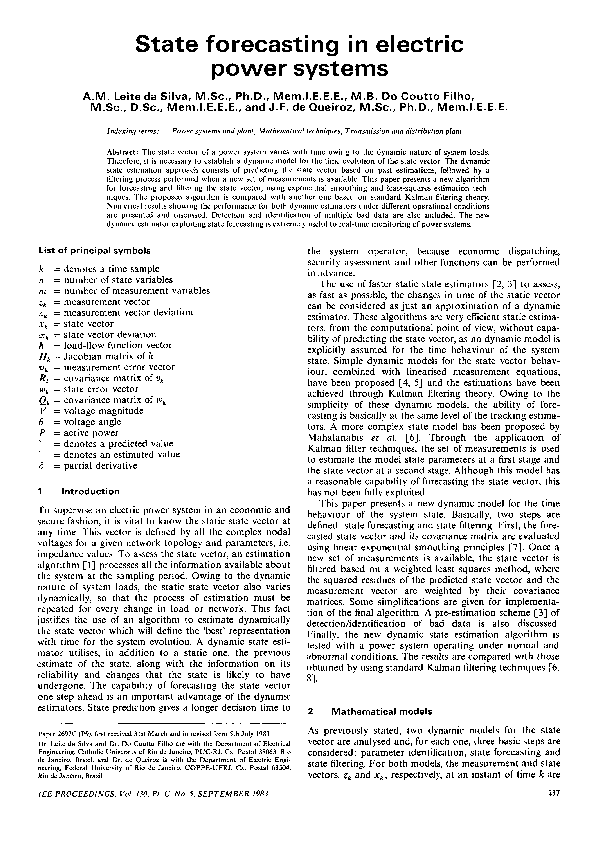 Pdf State Forecasting In Electric Power Systems