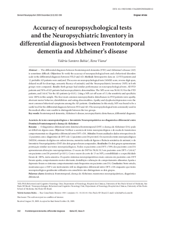 (PDF) Accuracy of neuropsychological tests and the Neuropsychiatric ...