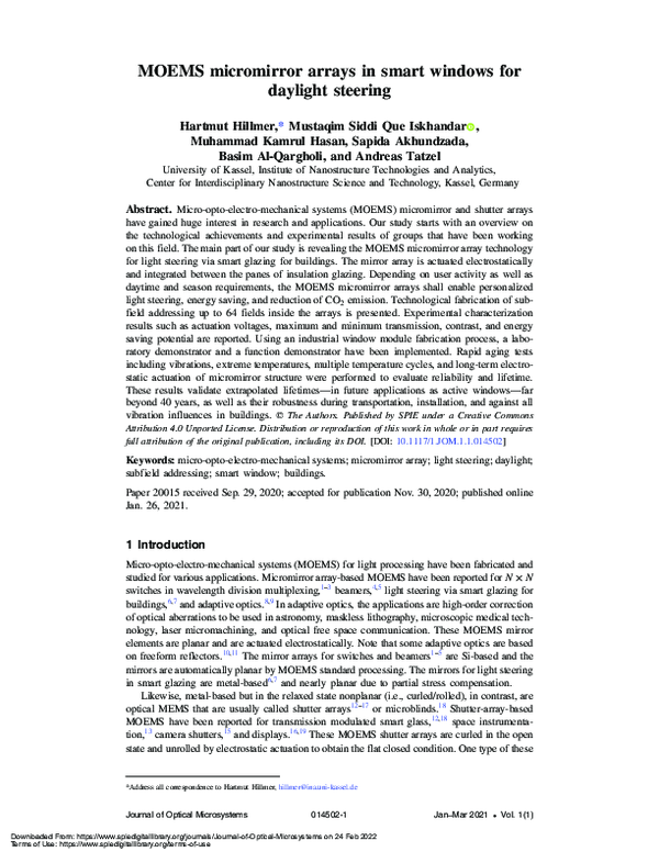(PDF) MOEMS micromirror arrays in smart windows for daylight steering