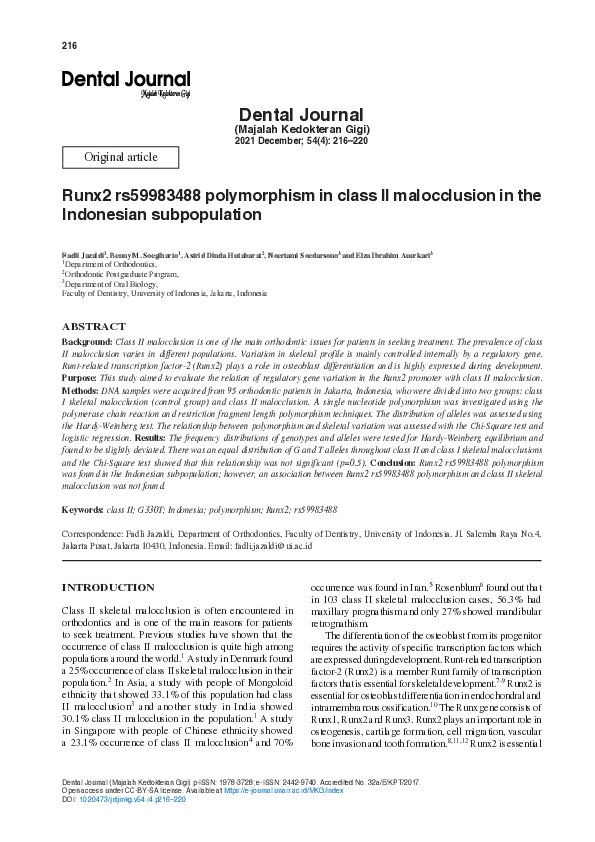 (PDF) Runx2 rs59983488 polymorphism in class II malocclusion in the ...