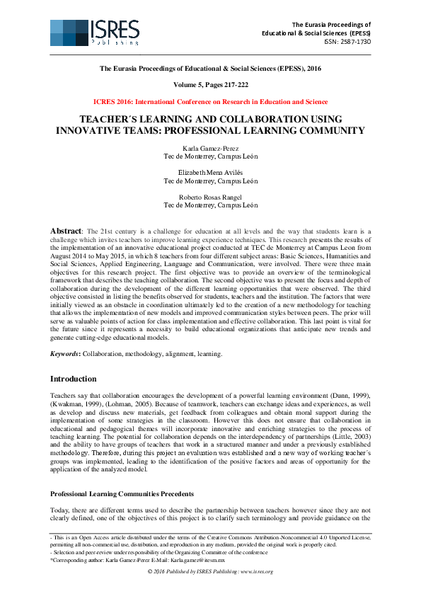 (PDF) Teacher´s Learning and Collaboration Using Innovative Teams ...