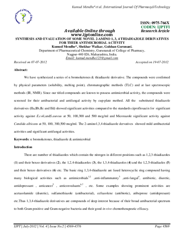 (PDF) Synthesis and Evaluation of Some Novel 2-AMINO 1, 3, 4 ...