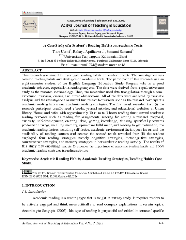 (PDF) A Case Study of a Student’s Reading Habits on Academic Texts