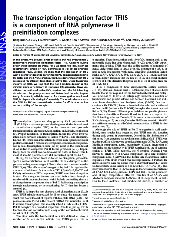 (PDF) The transcription elongation factor TFIIS is a component of RNA ...