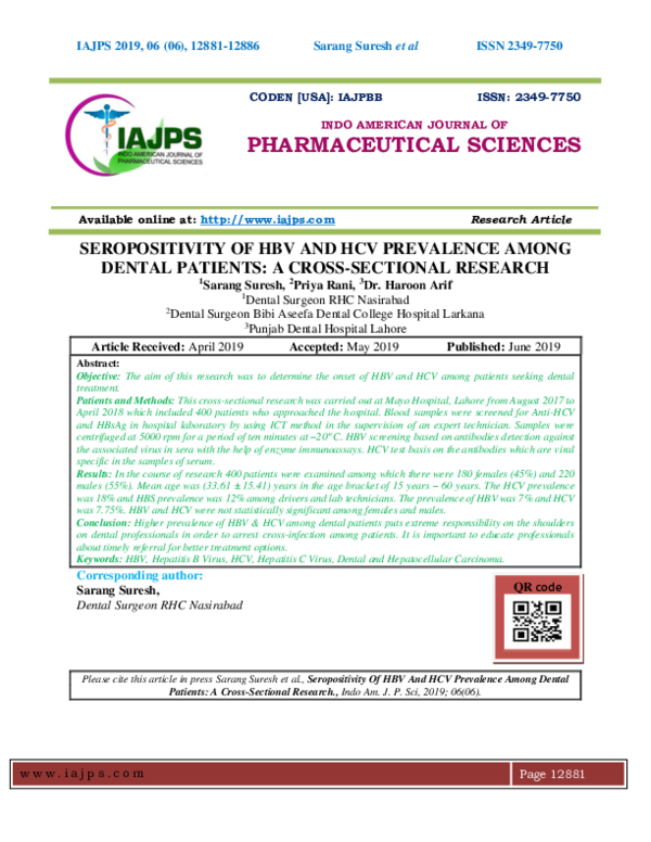 (PDF) Seropositivity of HBV and HCV Prevalence Among Dental Patients: A ...