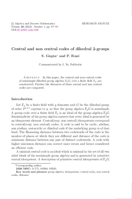 (PDF) Central and non central codes of dihedral 2-groups