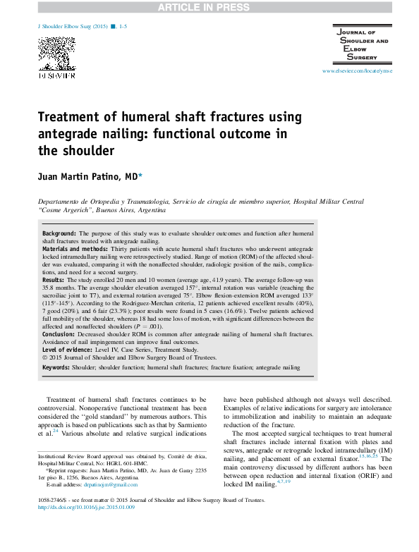 (PDF) Treatment of humeral shaft fractures using antegrade nailing ...