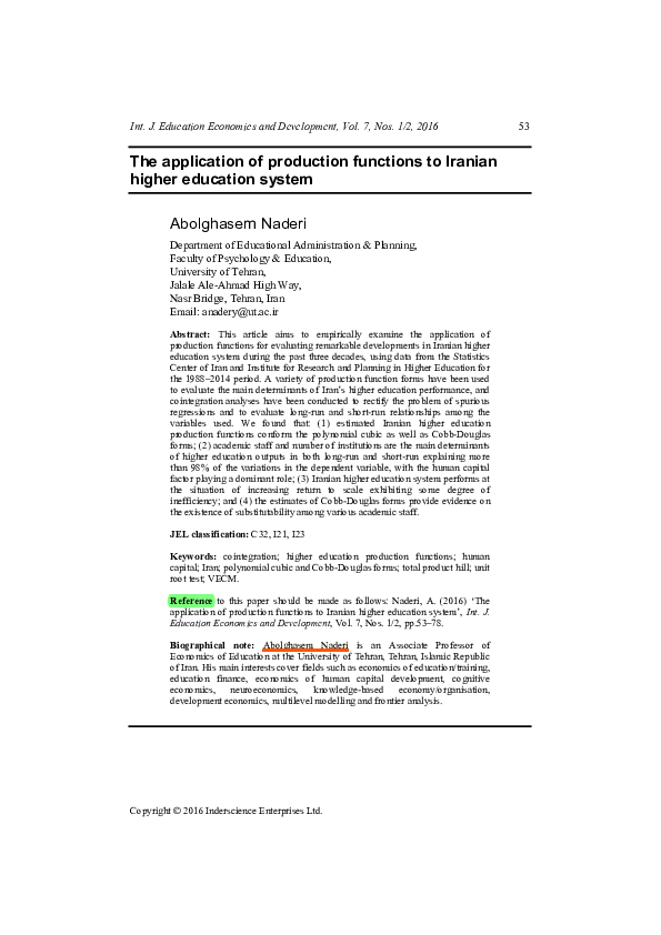 (PDF) The application of production functions to Iranian higher ...