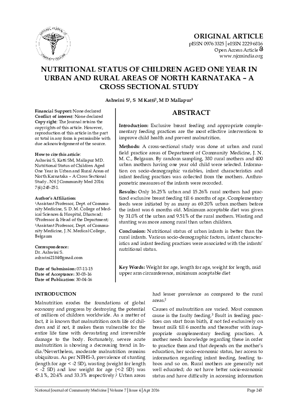 (PDF) NUTRITIONAL STATUS OF CHILDREN AGED ONE YEAR IN URBAN AND RURAL ...