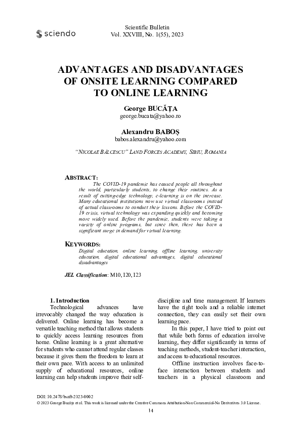 (PDF) Advantages and Disadvantages of Onsite Learning Compared to ...