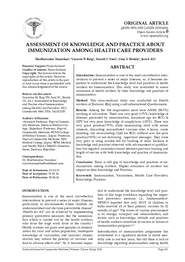 (PDF) ASSESSMENT OF KNOWLEDGE AND PRACTICE ABOUT IMMUNIZATION AMONG ...