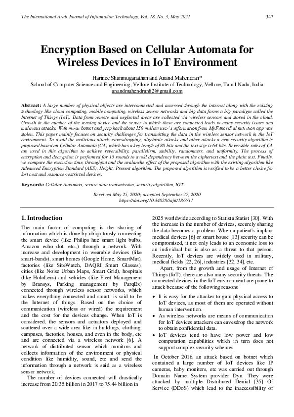 (PDF) Encryption Based on Cellular Automata for Wireless Devices in IoT ...