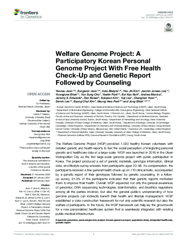 (PDF) Welfare Genome Project: A Participatory Korean Personal Genome ...