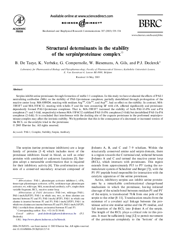 (PDF) Structural determinants in the stability of the serpin/proteinase ...